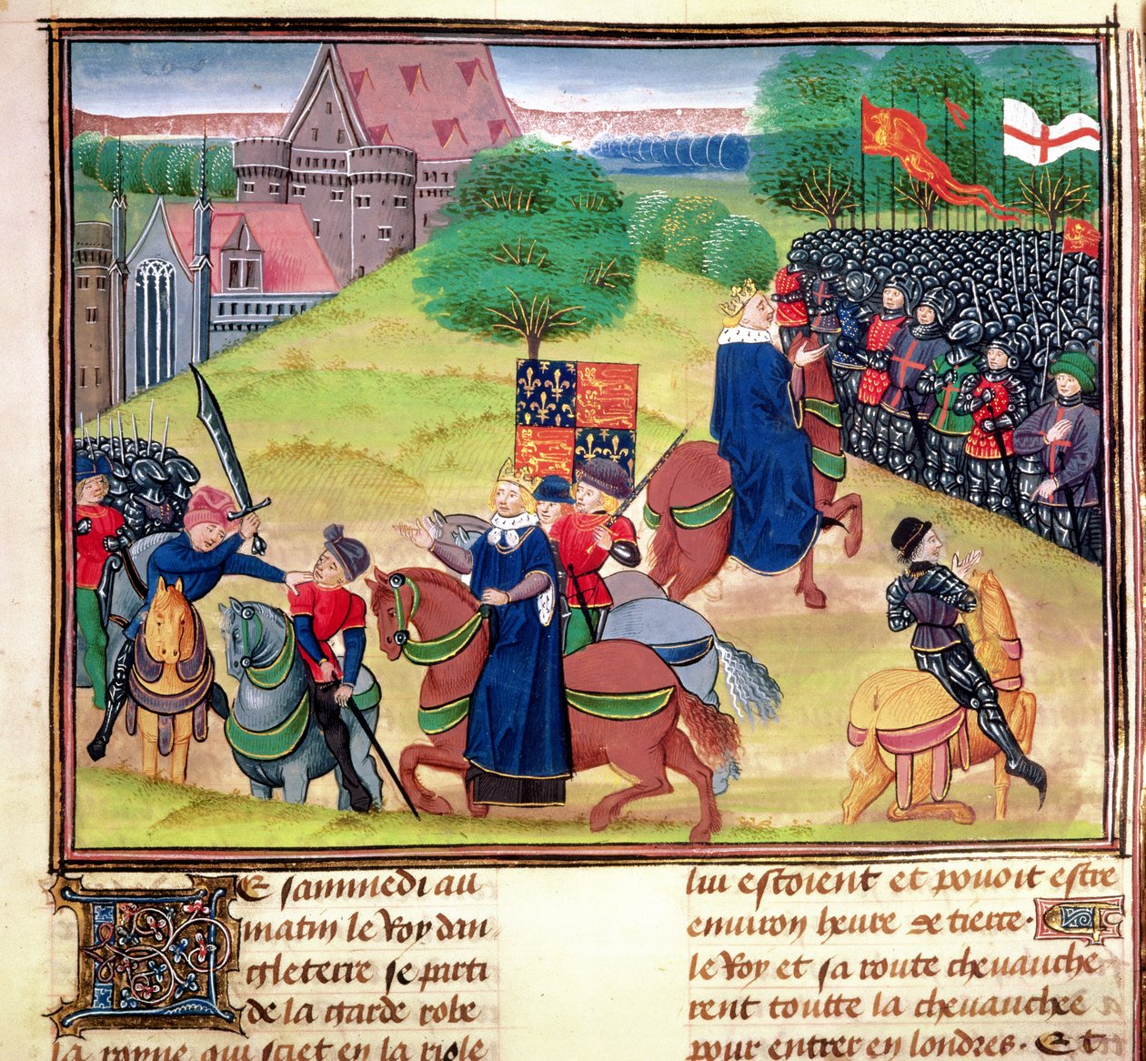 Royal 18 E.1, F.175 Smrt Wata Tylera ve Smithfieldu v Londýně v roce 1381 během rolnického povstání, ilustrace z 