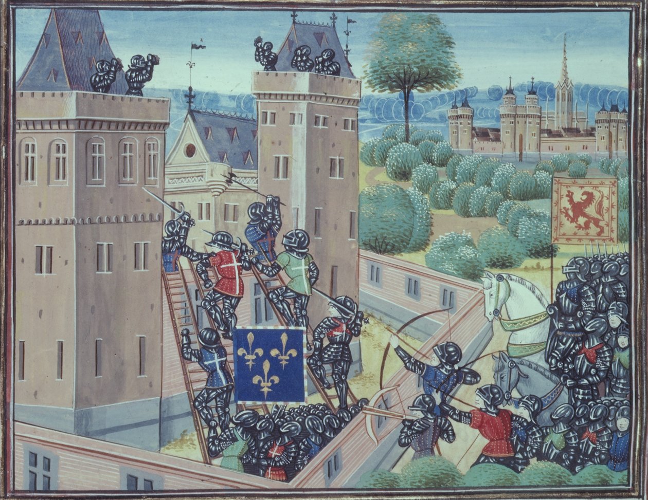 Royal 18 E.1 fol.345 Dobytí hradu Wark Francouzi a Skoty, z knihy II 