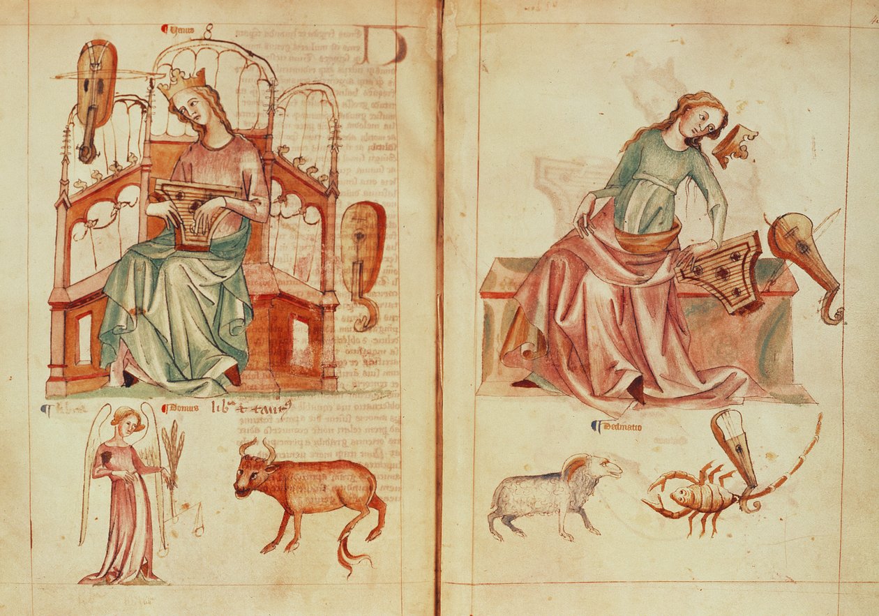 Sloane MS 3983 fol.42v-43 Venuše hrající na nástroj se svými vládnoucími znameními a v neprospěch, z 
