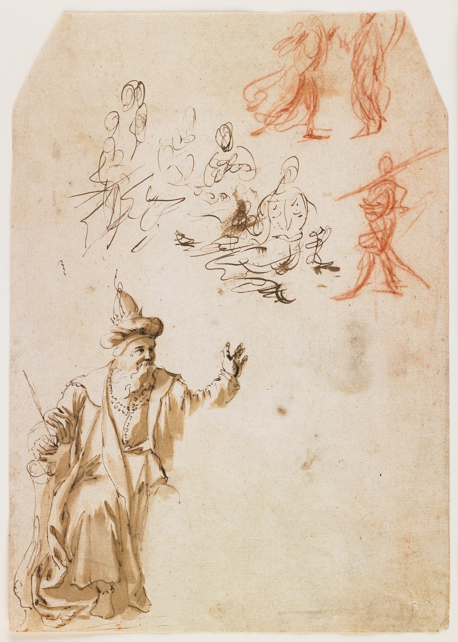 Studie starozákonního proroka a další figurální studie (recto); Studie mužské postavy s provazem (verze) (pero a hnědý inkoust a mytí, červená a černá křída) od Netherlandish School