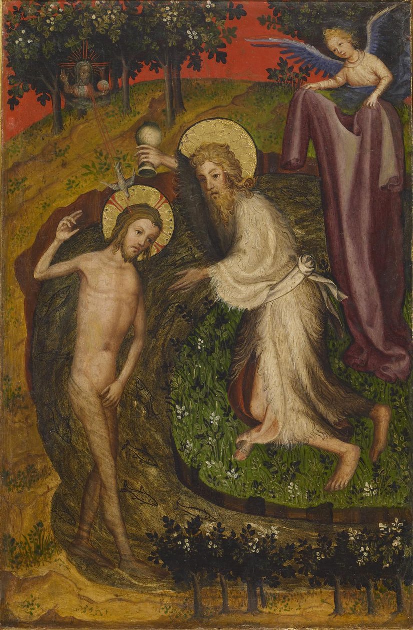Křest ze skládacího oltářního obrazu, cca 1400 (tempera a plátkové zlato na panelu) od Netherlandish School