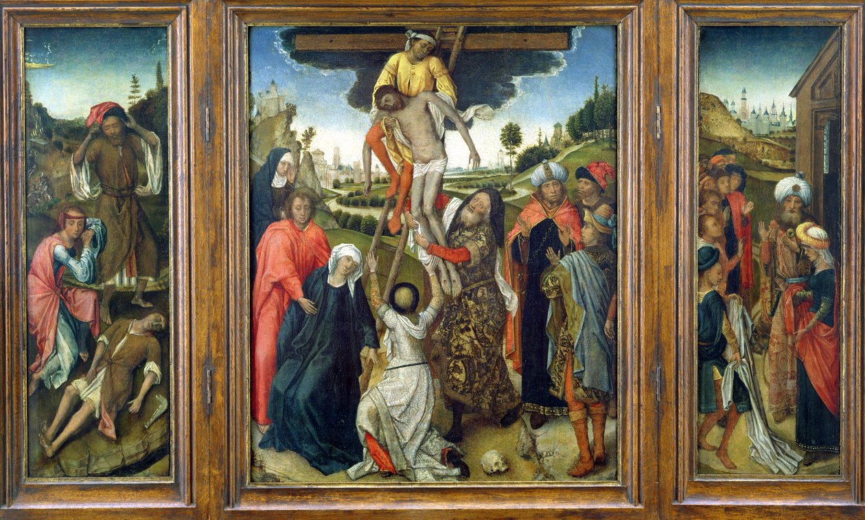 The Deposition, po stranách (L) Adam a Eva Mourning Abel a (R) Josephs Coat Showed to Jacob, triptych, c.1470 (panel) od Netherlandish School