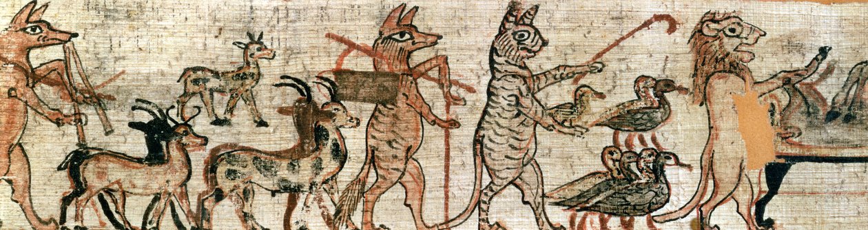 Satirický papyrus, detail z pravé strany kočky pasoucí husy a lva mumifikujícího osla, z Théb, asi 1100 př. n. l. (viz také 85721) od New Kingdom Egyptian
