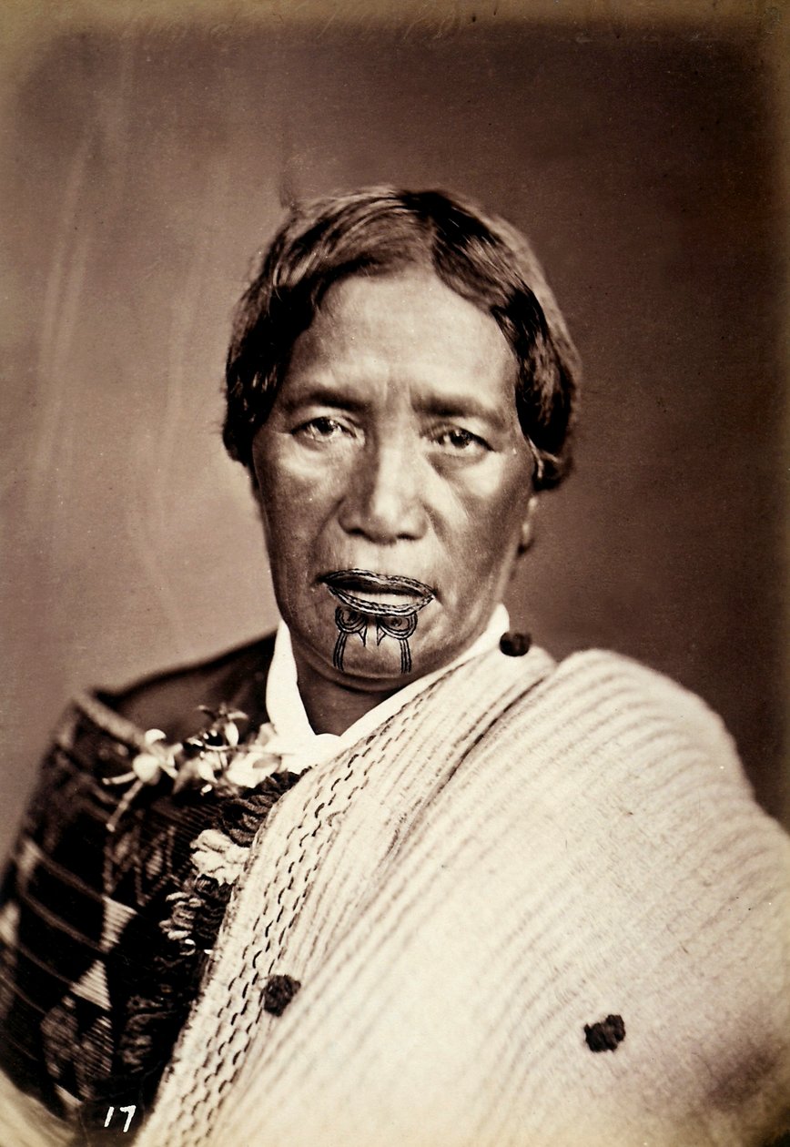 Portrét Maory s potetovaným obličejem, cca 1886-88 od New Zealand Photographer