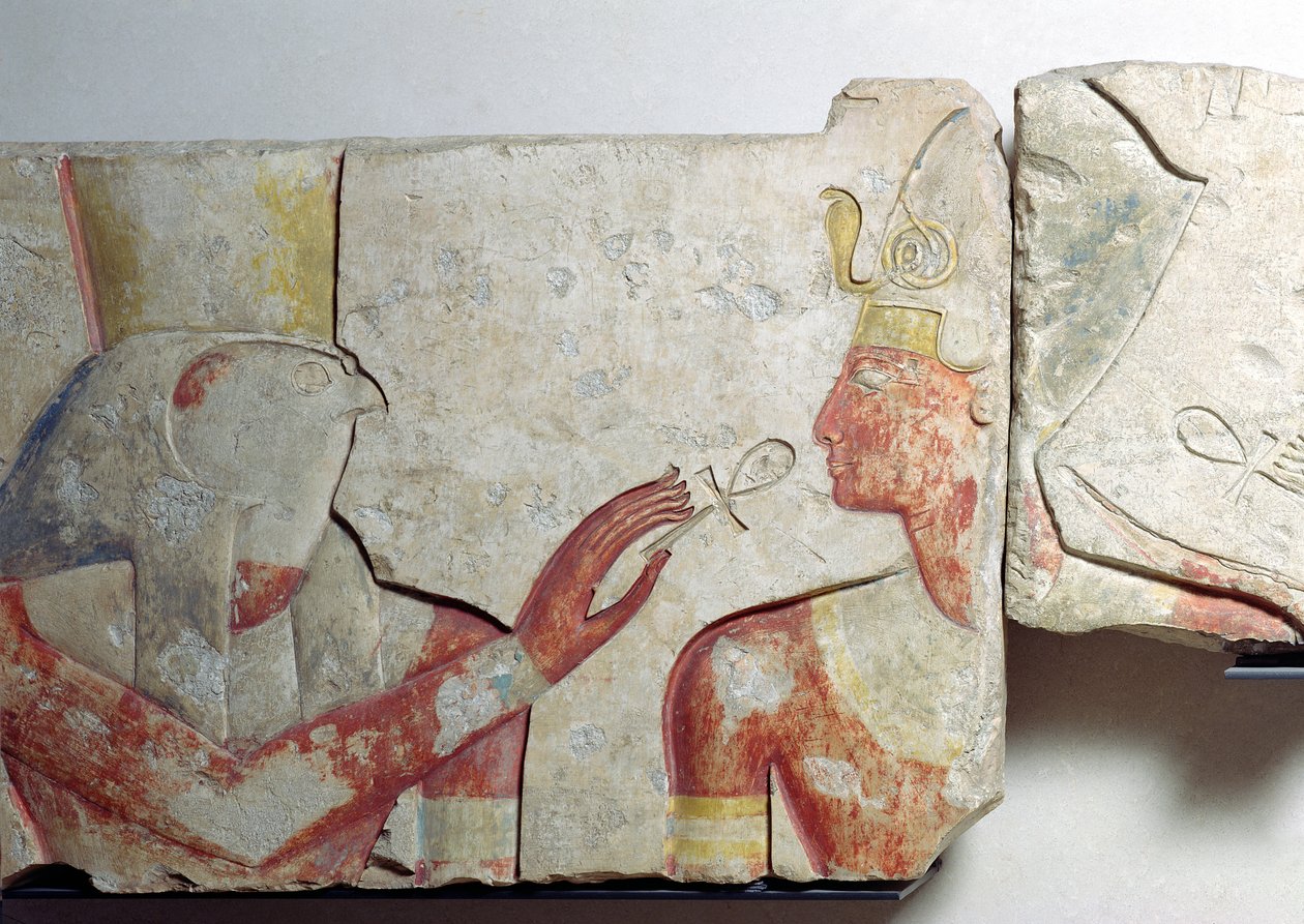 Setkání faraona a Hora, detail z vlysu zobrazujícího Ramesse II (1298-32 př.nl) mezi bohy, z Abydosu, cca 1275 př.nl (malovaný kámen) od New Kingdom Egyptian