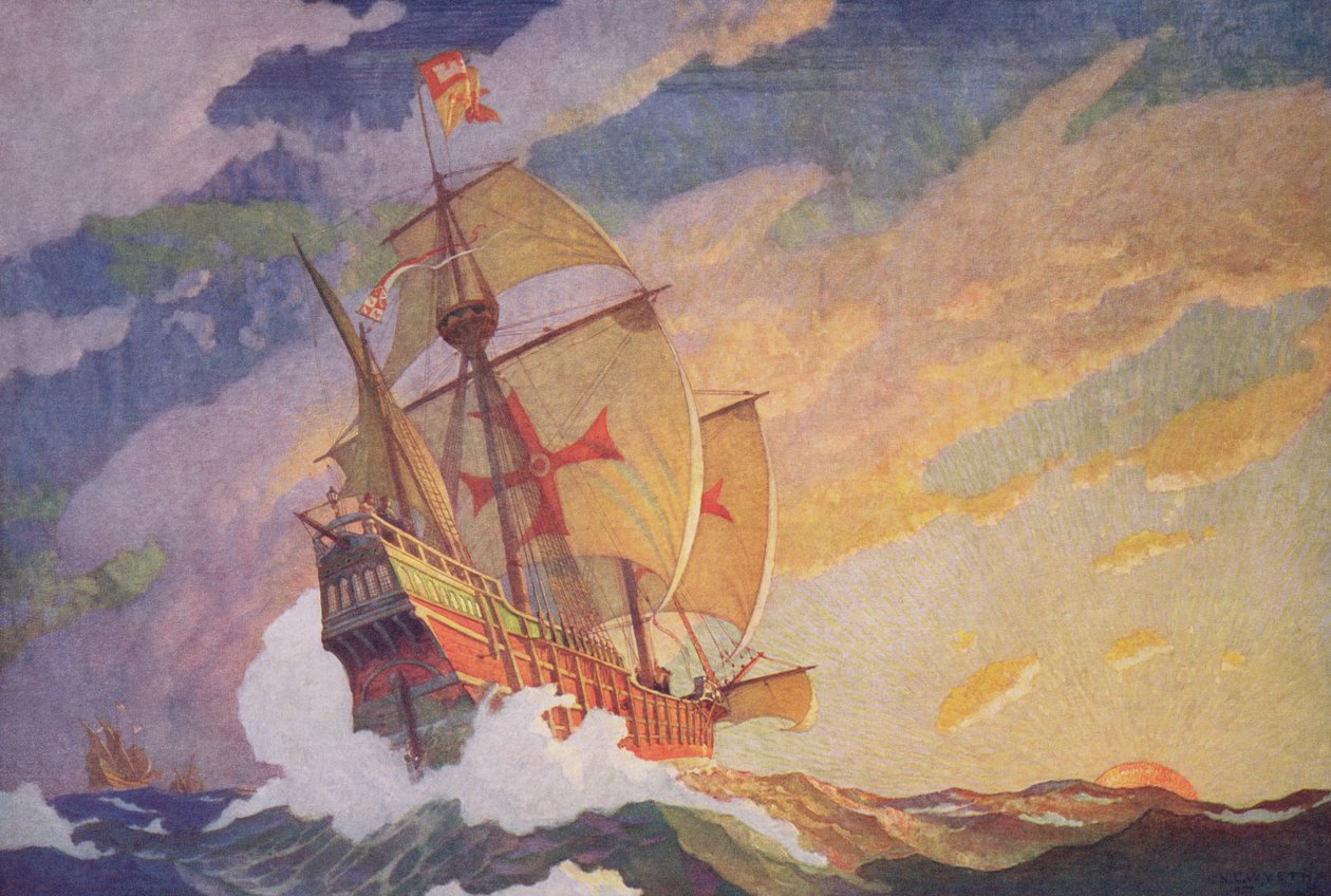 Columbus Crossing the Atlantic, 1927 (tisk) od Newell Convers Wyeth