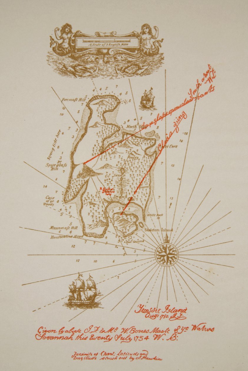 Mapa Ostrova pokladů, ilustrace z knihy Roberta Louise Stevensona "Ostrov pokladů", vyd. Charles Scribner