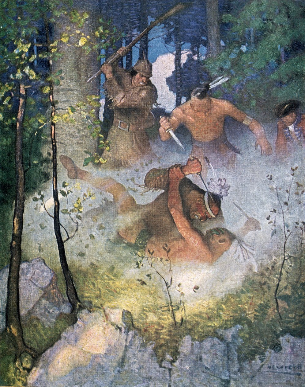 ‚Boj v lese‘, ilustrace z ‚Posledního Mohykána‘ od Fenimore Cooper (1789-1851), vydané v New Yorku 1920 od Newell Convers Wyeth