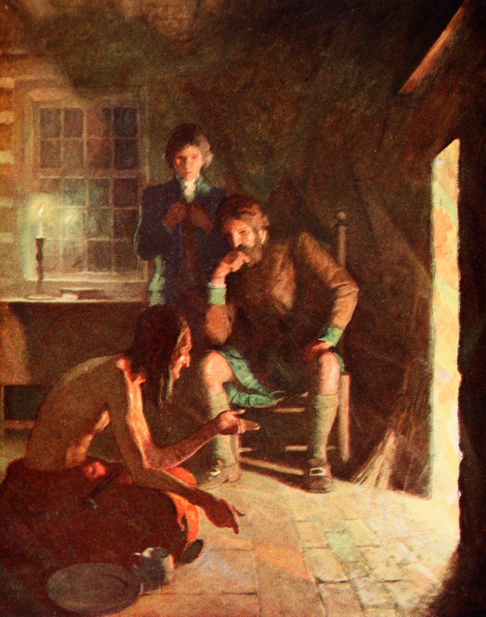 Setkání Indian Longthought v domově raných osadníků (barva lito) od Newell Convers (after) Wyeth