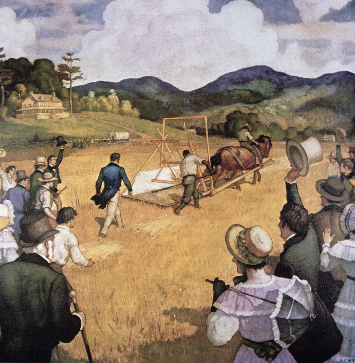 Cyrus H. McCormick (1809-84) a jeho žací stroj v roce 1837 (olej na plátně) od Newell Convers Wyeth
