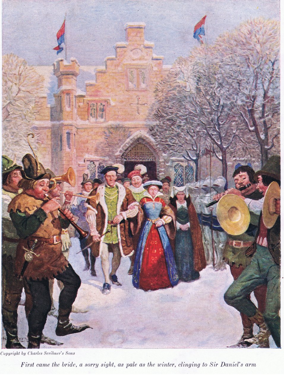 Nejprve přišla nevěsta, žalostný pohled, bledá jako zima, držela se sira Danielova paže, 1916 od Newell Convers Wyeth