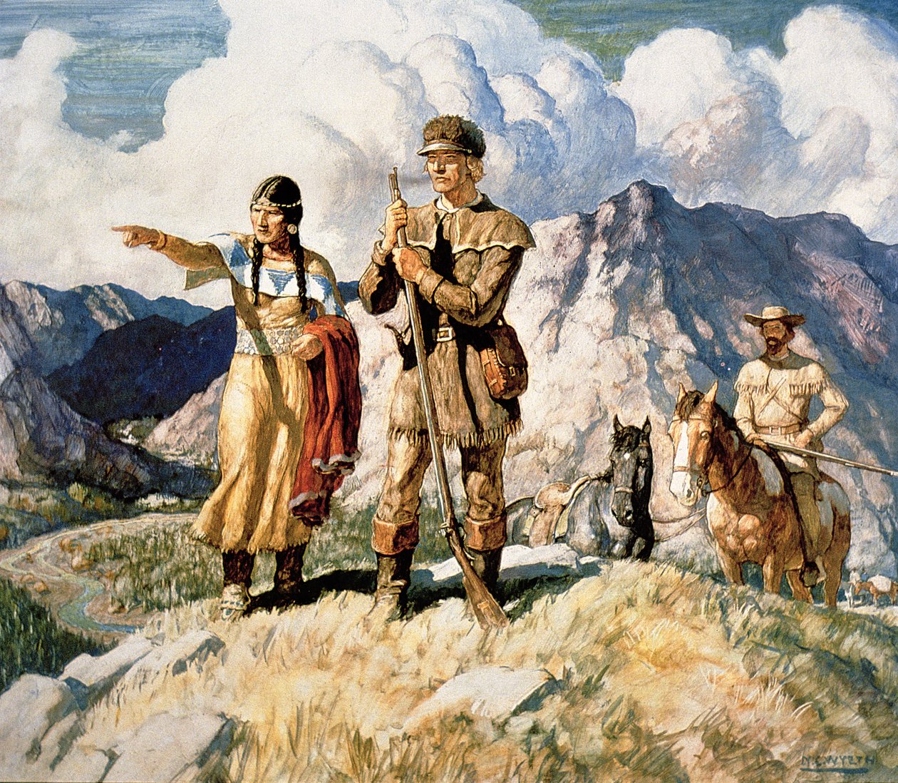Sacagawea s Lewisem a Clarkem během jejich expedice 1804-06 (barevné lito) od Newell Convers Wyeth