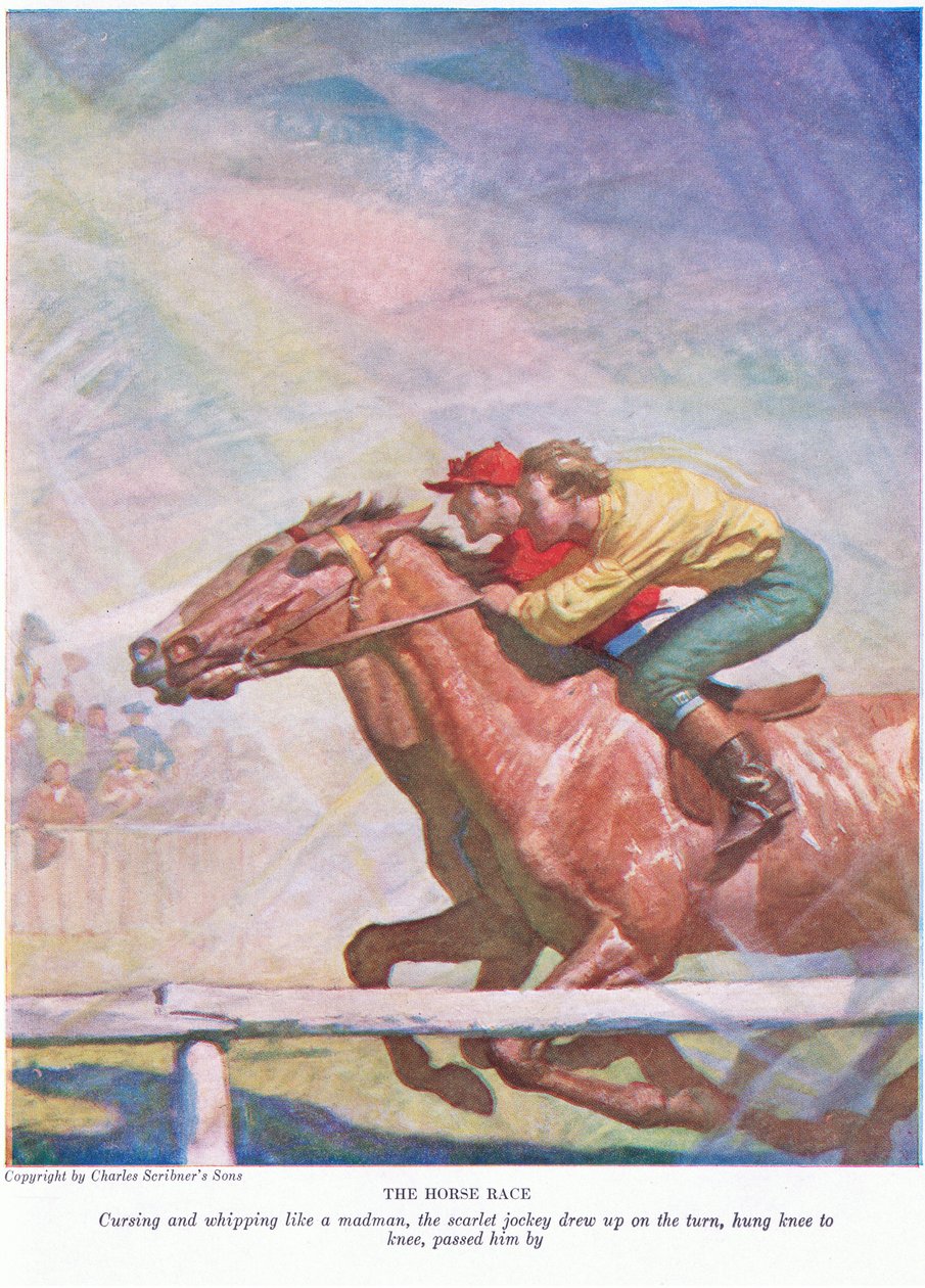 Koňské dostihy: Šarlatový žokej nadával a bičoval jako blázen, na zatáčce se postavil, visel koleno na koleno a minul ho, 1928 od Newell Convers Wyeth