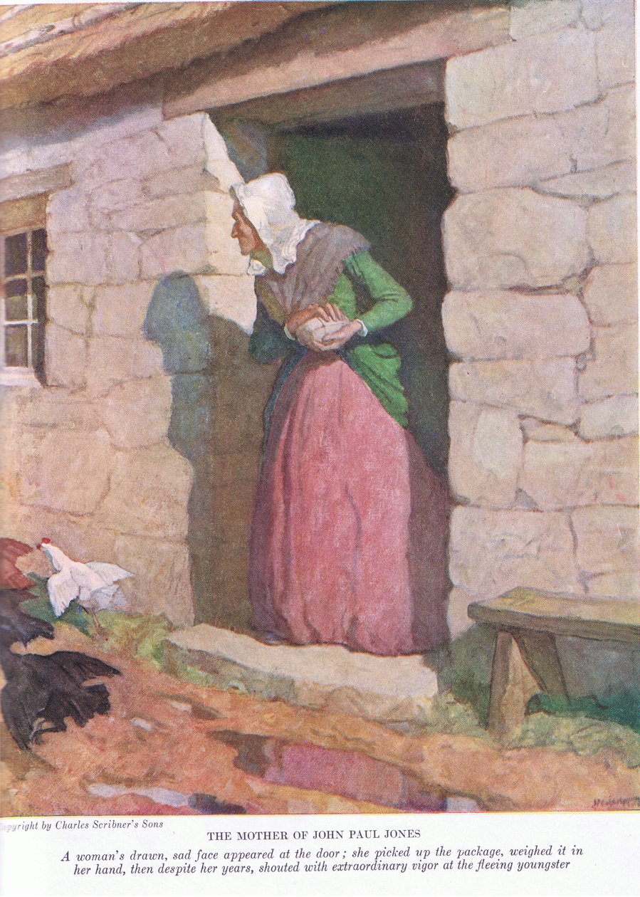 Matka Johna Paula Jonese: Ve dveřích se objevila prokreslená, smutná tvář; zvedla balíček a potěžkala ho v rukou, 1928 od Newell Convers Wyeth