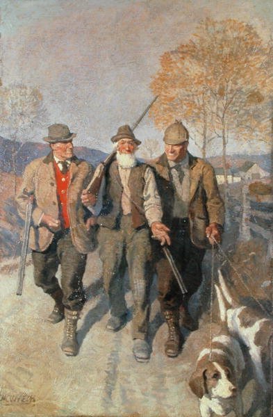 Tři lovci a psi (olej na plátně) od Newell Convers Wyeth