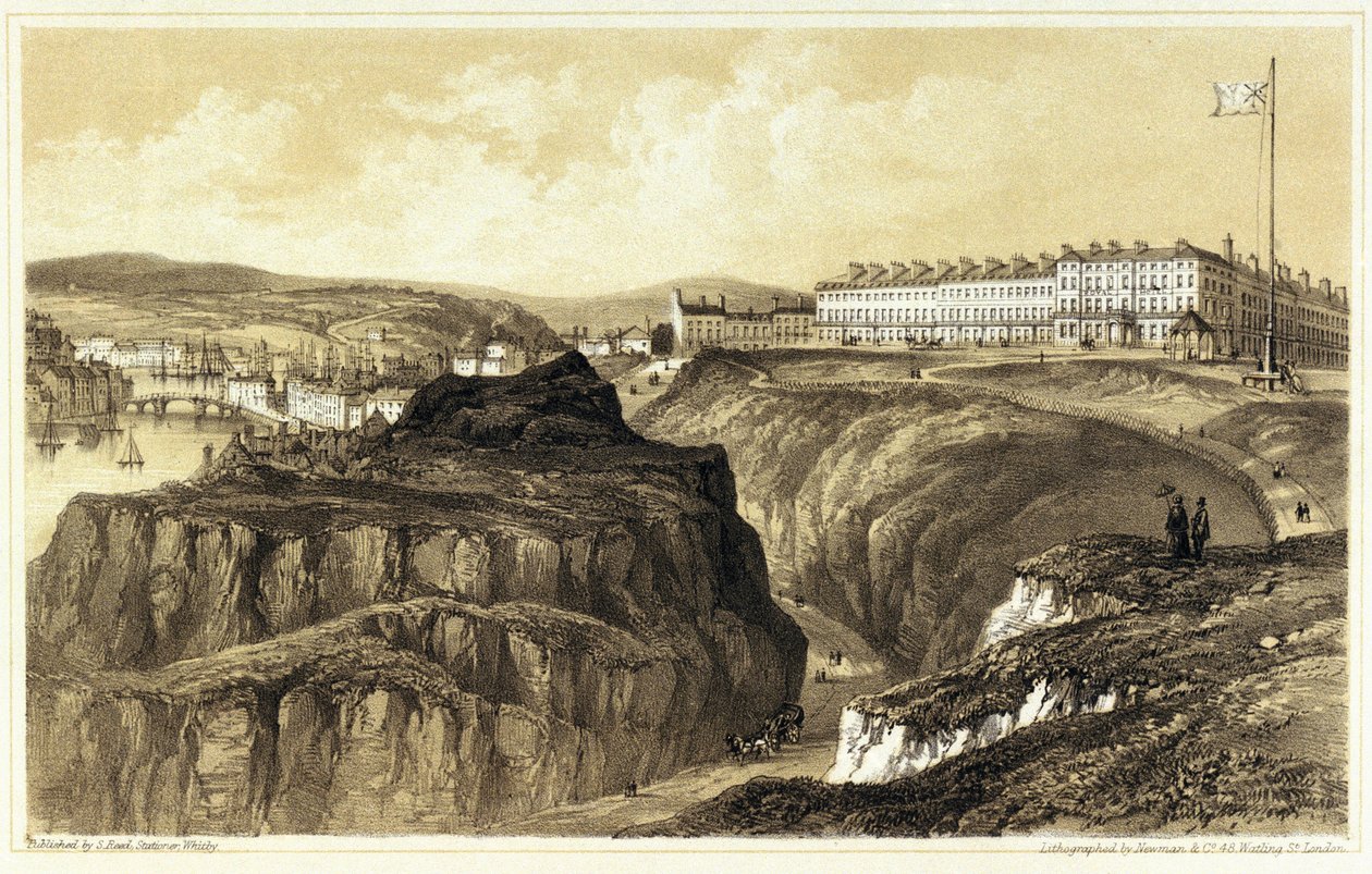 Whitby, Khyberský průsmyk (Anglie), s přehledem městských budov a pevnosti. Litografie, vyryl Newman  Co, vydal S. Reed. od Newman & Co.