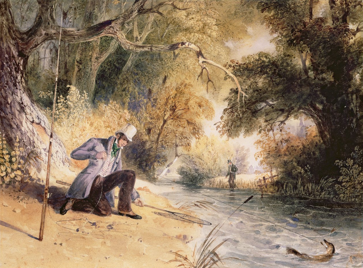 Pike Fishing, Landing a Jack, c.1839 (akvarel na papíře) od Newton Fielding
