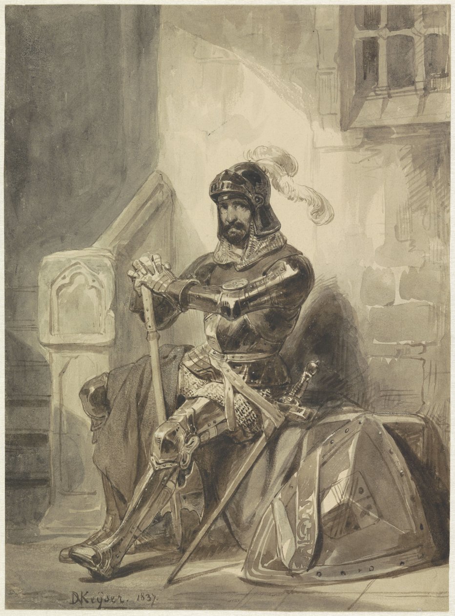 Sedící středověký rytíř v brnění od Nicaise de Keyser