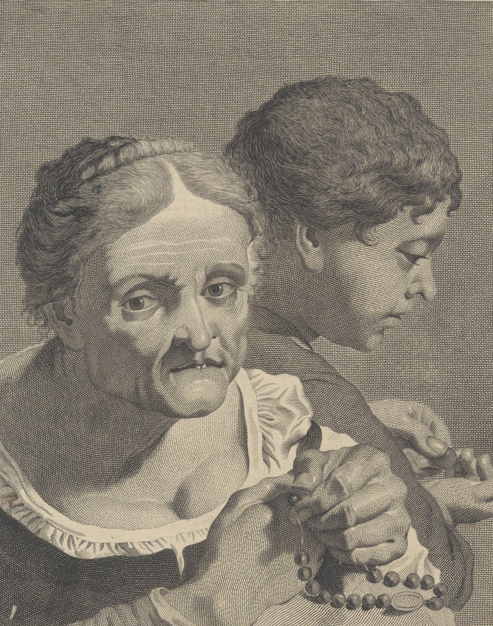Rubová kopie staré ženy s růžencem a chlapcem počítajícím mince, deska 10 fr..., ca. 1750-90. od Niccolò Cavalli
