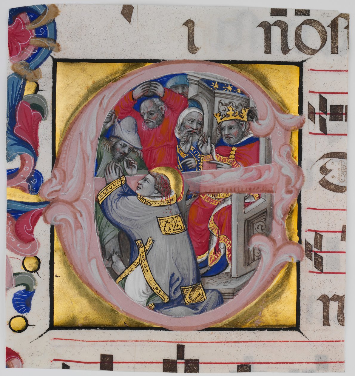 Iluminace rukopisu s mučednickou smrtí svatého Štěpána v iniciále E..., c1394-1402. od Niccolò di Giacomo da Bologna