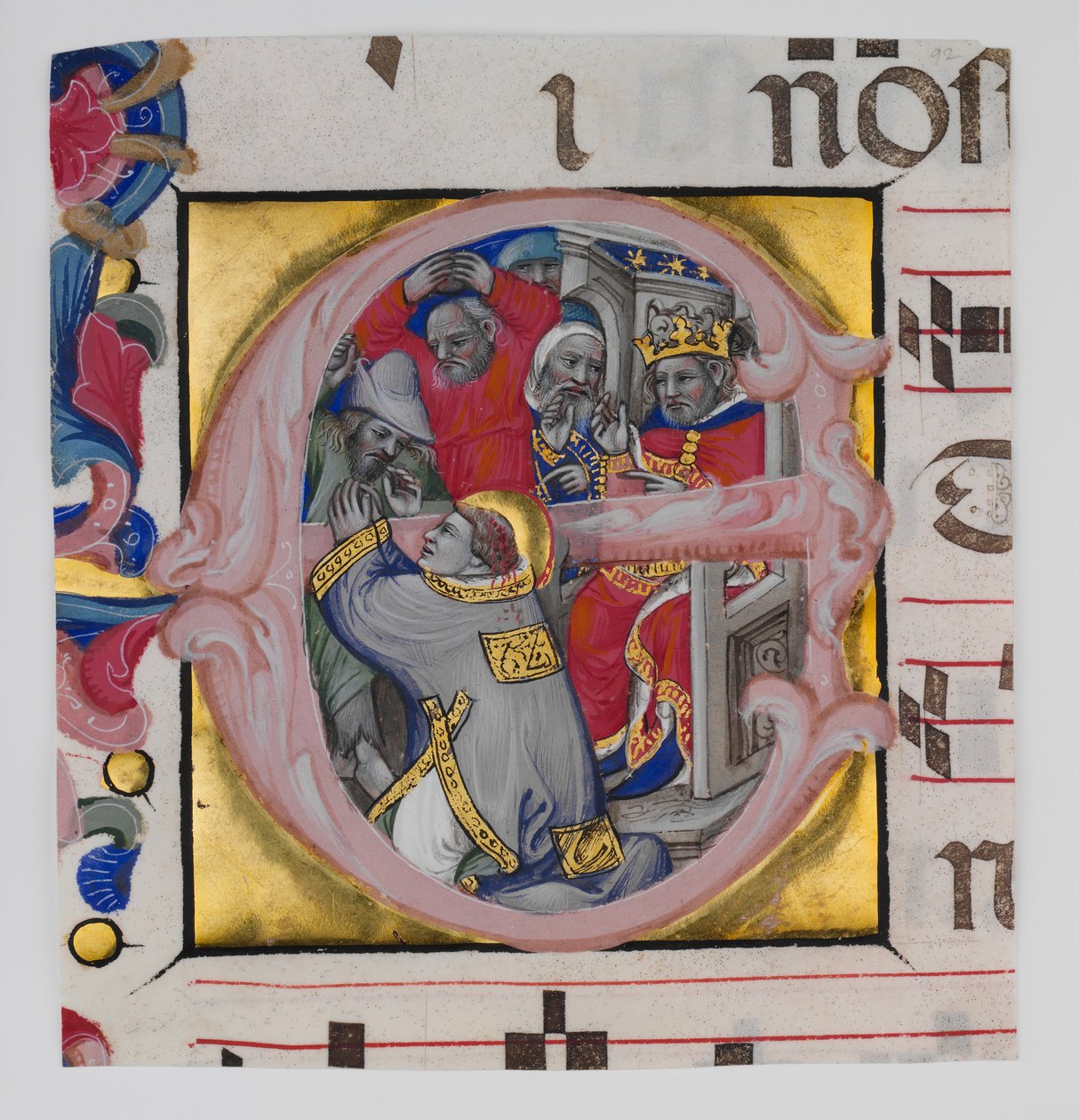 Iluminace rukopisu s mučednickou smrtí svatého Štěpána v iniciále E..., ca. 1394-1402. od Niccolò di Giacomo da Bologna