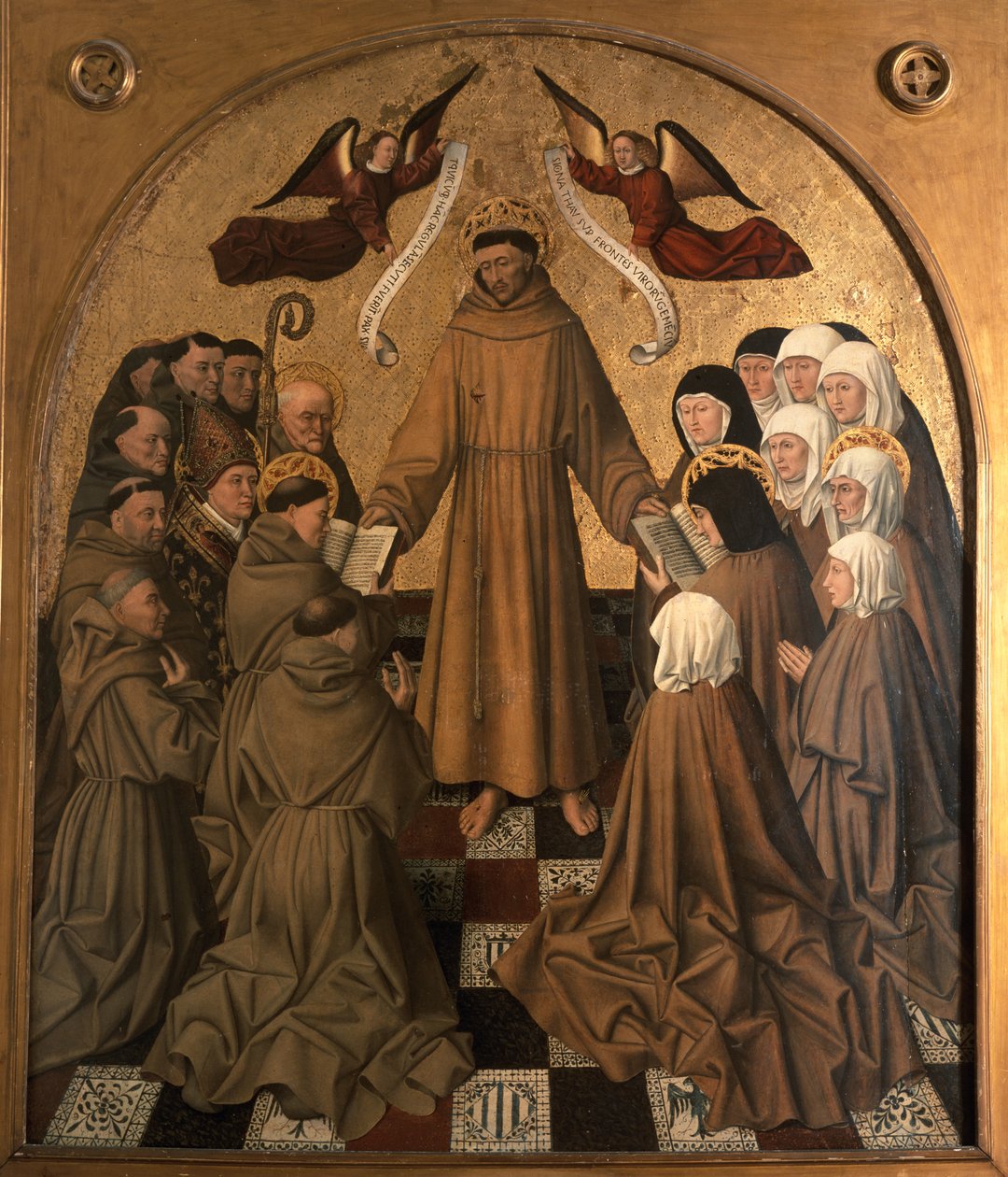 Sv. František předává řehole svým učedníkům, panel z Pala di Rocca (tempera a plátkové zlato na panelu) od Niccolo Antonio Colantonio