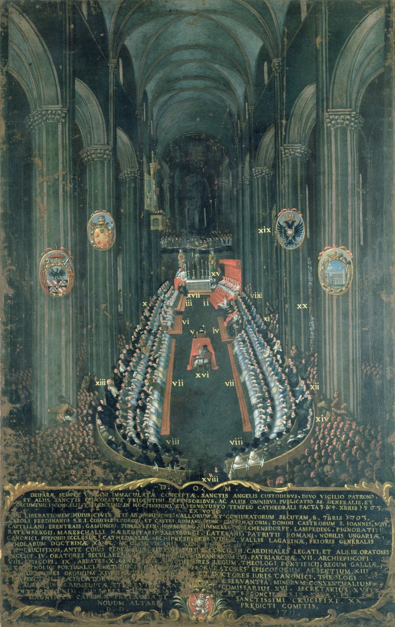 Varhanní deska zobrazující zasedání tridentského koncilu v tridentské katedrále 3. a 4. prosince 1565, 1703 od Niccolo Dorigati