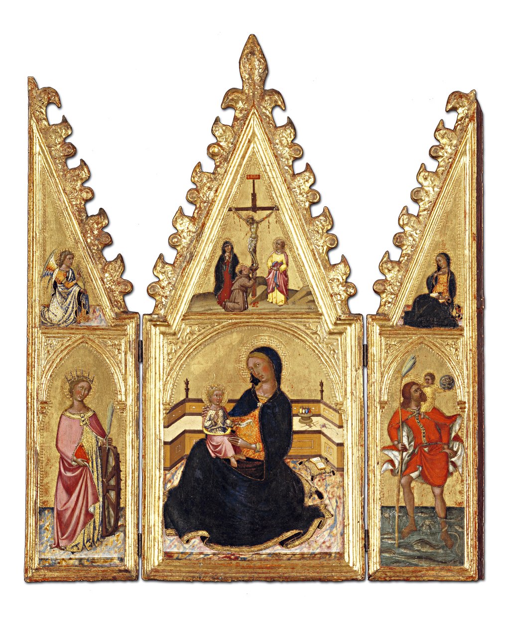 Madona pokory se svatou Kateřinou Alexandrijskou, sv. Kryštof, Zvěstování a ukřižování, kolem 1370-75 (tempera na panelu) od Niccolo di Buonaccorso