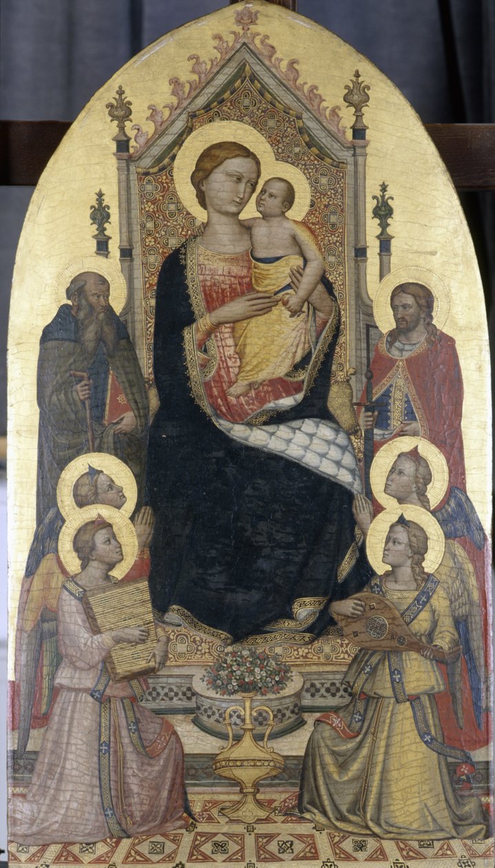Trůnící Madona s dítětem, svatí Antonín a Julián a čtyři andělé (tempera na topolovém dřevě) od Niccolo di Pietro workshop of Gerini