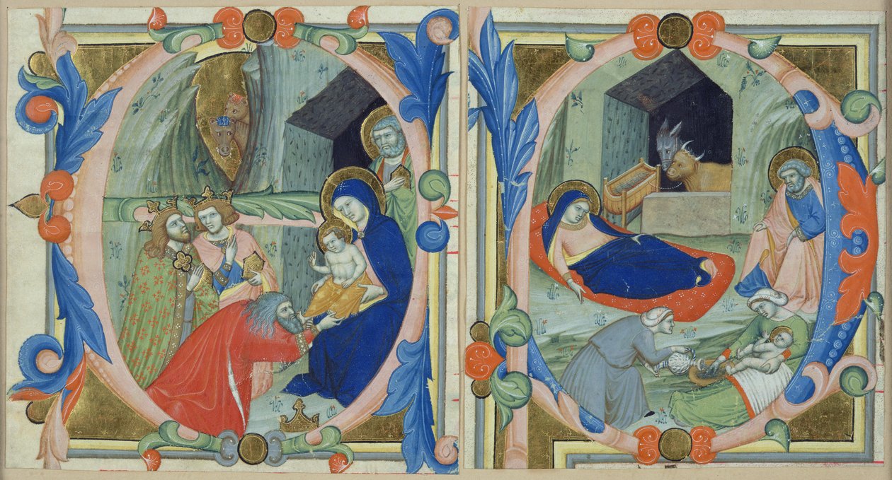 Klanění tří králů s iniciálou „E“ a Narození Páně s iniciálou „F“ (vellum und gold) od Niccolo di ser Sozzo Tegliacci