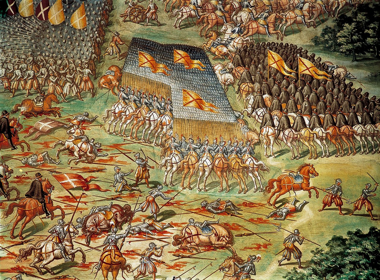 Bitva u St. Quentin (Saint Quentin), která viděla vítězství Španělů nad Francouzi v roce 1557, během italských válek, detail s útokem kavalérie od Niccolo (and workshop) Granello