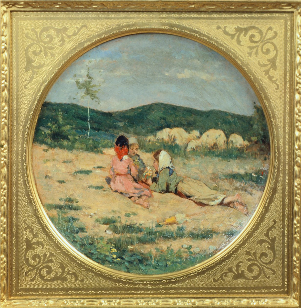 Talíř malovaný postavami pastýřů, Niccolo Cannicci, kolem roku 1880, olej na terakotovém talíři od Niccolo Cannicci