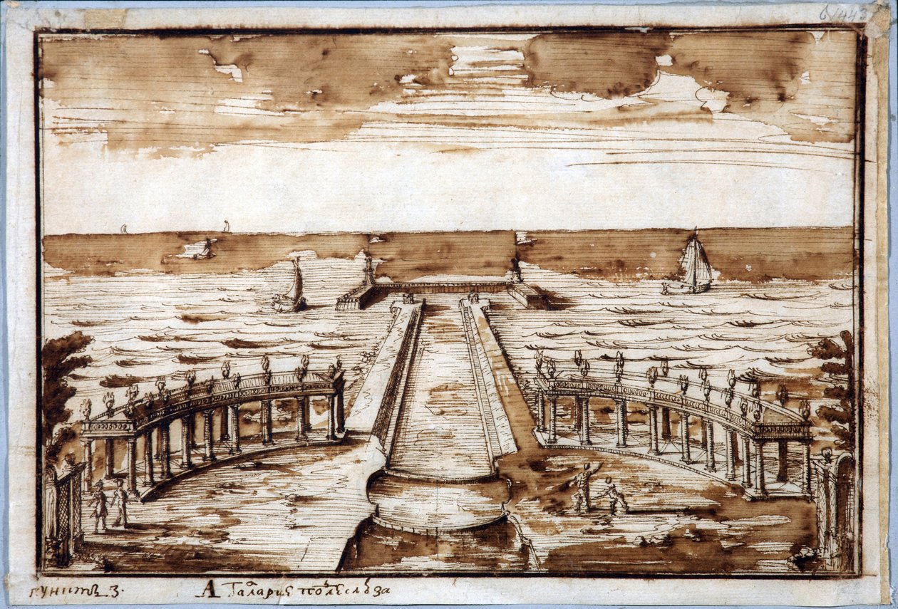 Kolonáda ""Galerie křivek"" v Gateway v Peterhofu. Projekt - Nicola Michetti (1675-1759). Pero, hnědý tuš na papíře od Niccolo Michetti
