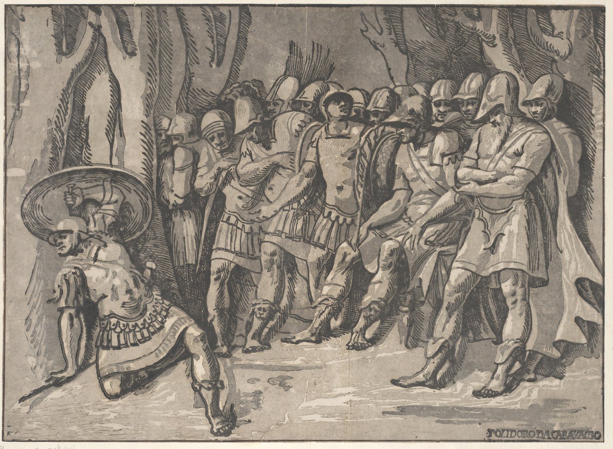 Ajax vlevo dole drží štít nahoře, vpravo stojí Agamemnon obklopený svým..., 1540-50. od Niccolo Vicentino