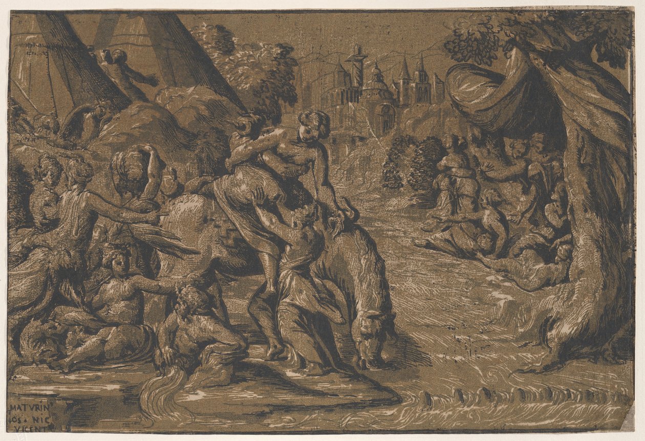 Cloelia, římská hrdinka v centru, jíž pomáhá na koně, Řím v pozadí,..., 1540-50 od Niccolo Vicentino