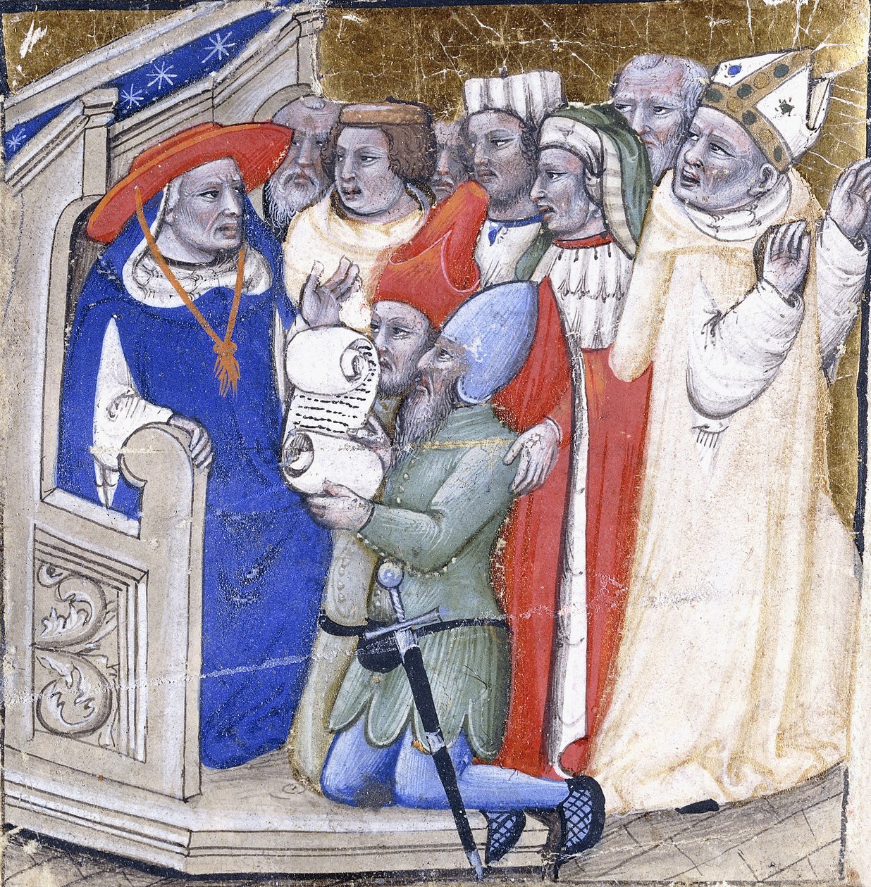 Kardinál sedící v rozsudku nad biskupem, obviněným dvěma laiky, kolem roku 1380 (barva a plátek zlata na pergamenu) od Niccolo di Giacomo