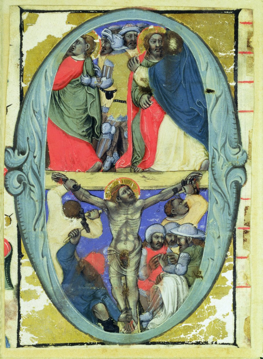Historická iniciála „O“ zobrazující Jidášův polibek a ukřižování, kolem roku 1370 od Niccolo di Giacomo
