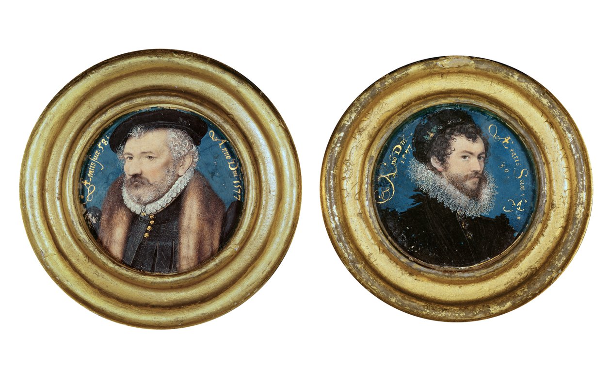 LtoR:Richard Hilliard (151819-94), otec umělce, kolem roku 1577, a Autoportrét, 1577 (wc na pergamenu na kartonu) od Nicholas Hilliard