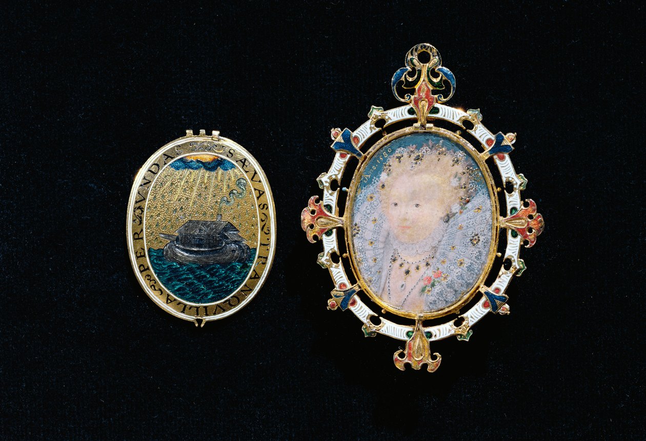 Heneage Jewel nebo Armada Jewel, miniatura královny Alžběty I. uzavřená v pouzdře zdobeném drahokamy, cca 1595 (smaltované zlato, broušené diamanty, barmské rubíny, křišťál a miniatura) od Nicholas Hilliard