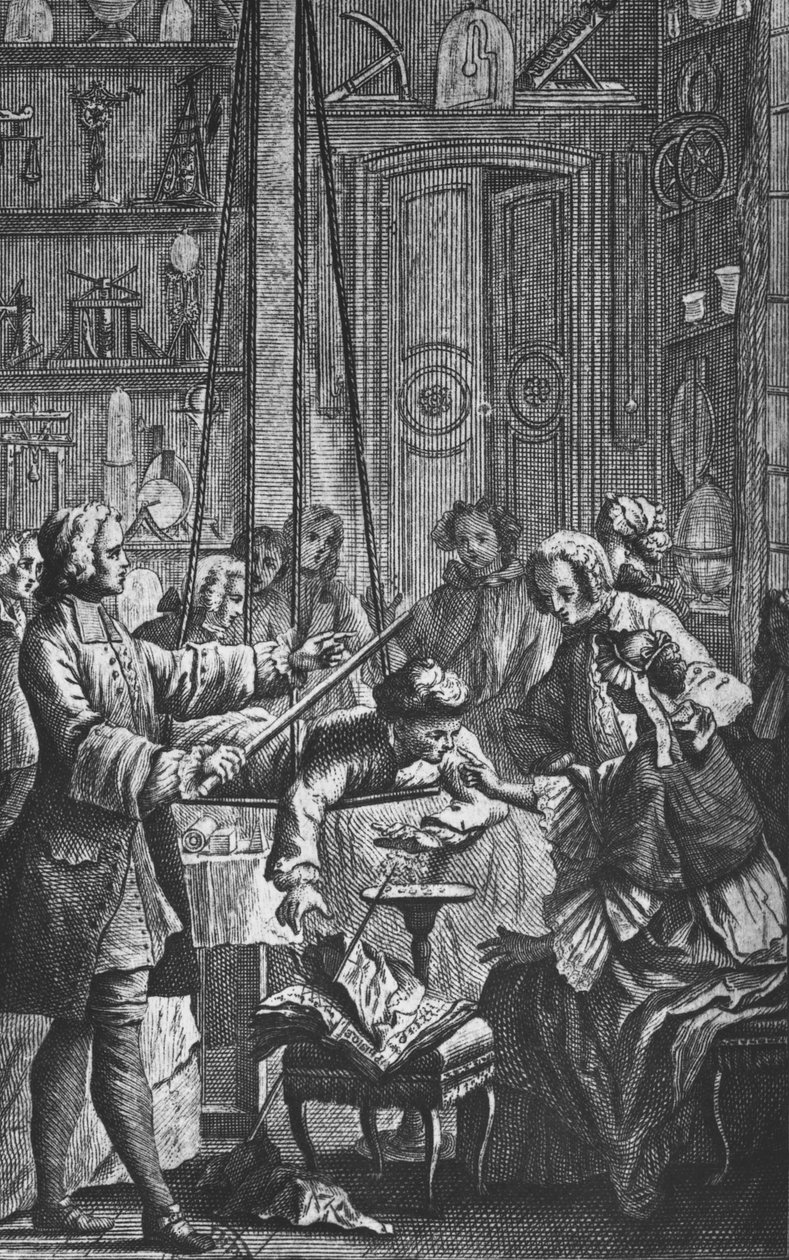 Elektrický experiment, který na člověku provedl abbé Jean Antoine Nollet (1700-70) ve fyzikálním kabinetu, přední ilustrace z „Essai sur l