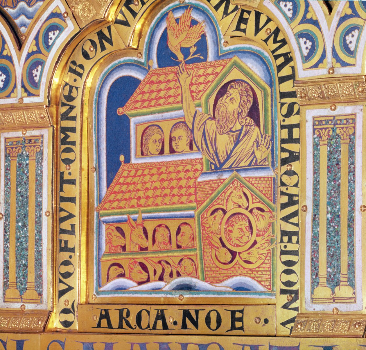 Noe and the Ark, detail jednoho z 51 panelů Verdunerského oltáře, 1181 (smalt champleve) od Nicholas of Verdun