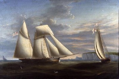 Škuner s vrchní plachtou a škuner Royal Yacht Squadron u pobřeží Dorsetu (panel) od Nicholas (circle of) Condy
