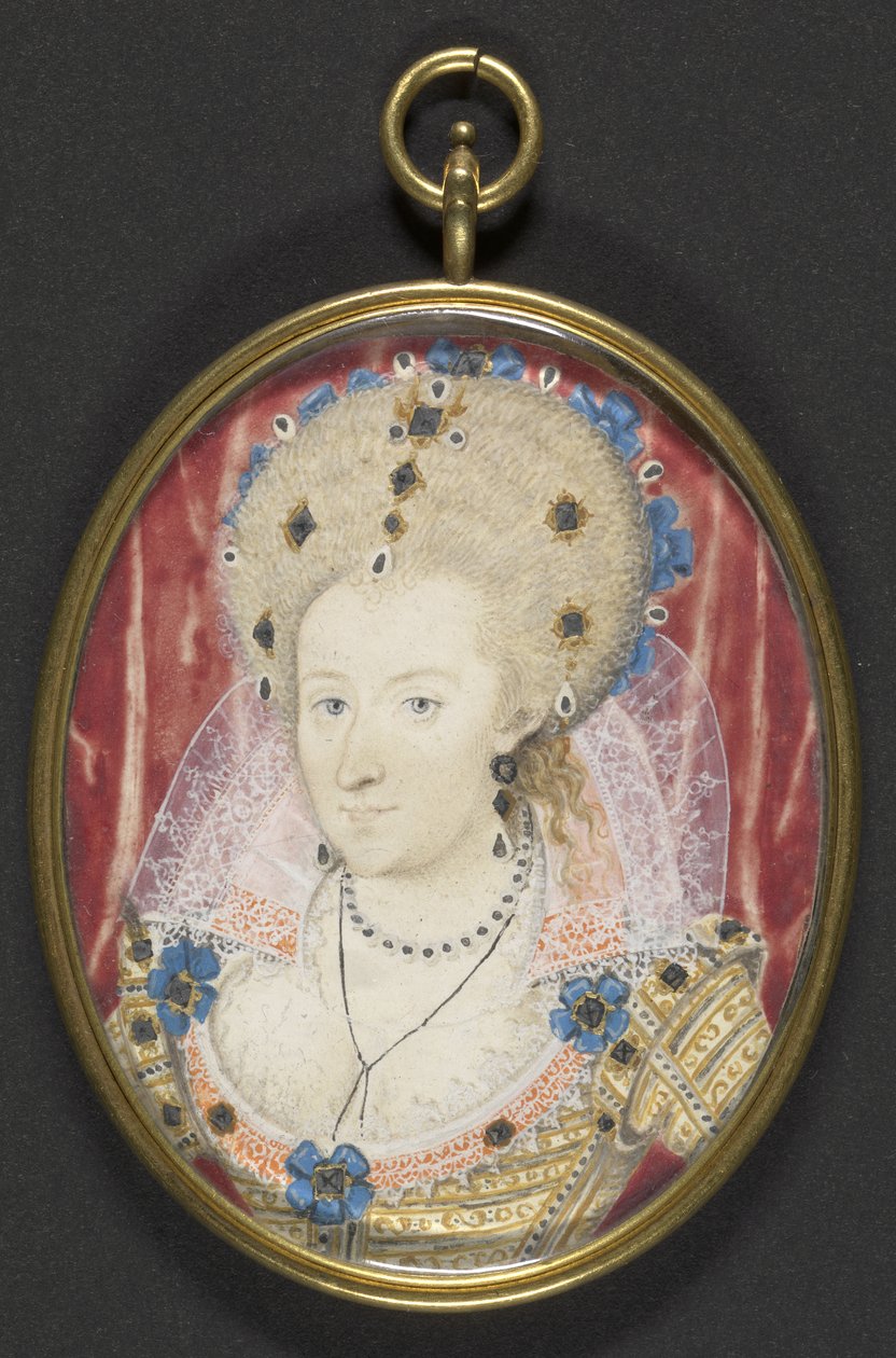 Anna Dánská, cca 1600 (kvaš na pergamenu položený na kartě) od Nicholas (studio of) Hilliard