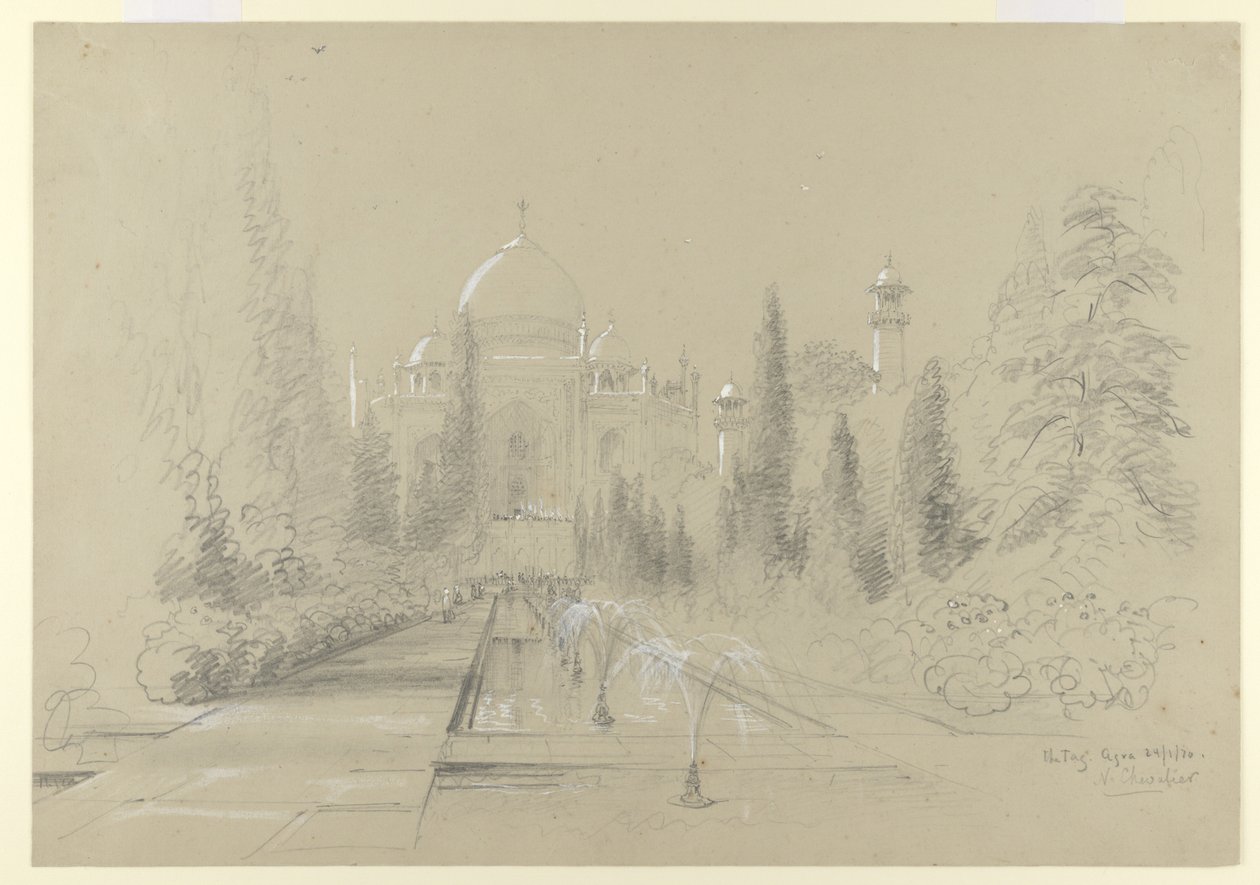 Taj Mahal, Agra, 24. ledna 1870 (tužka s bílým zvýrazněním na papíře) od Nicholas Chevalier
