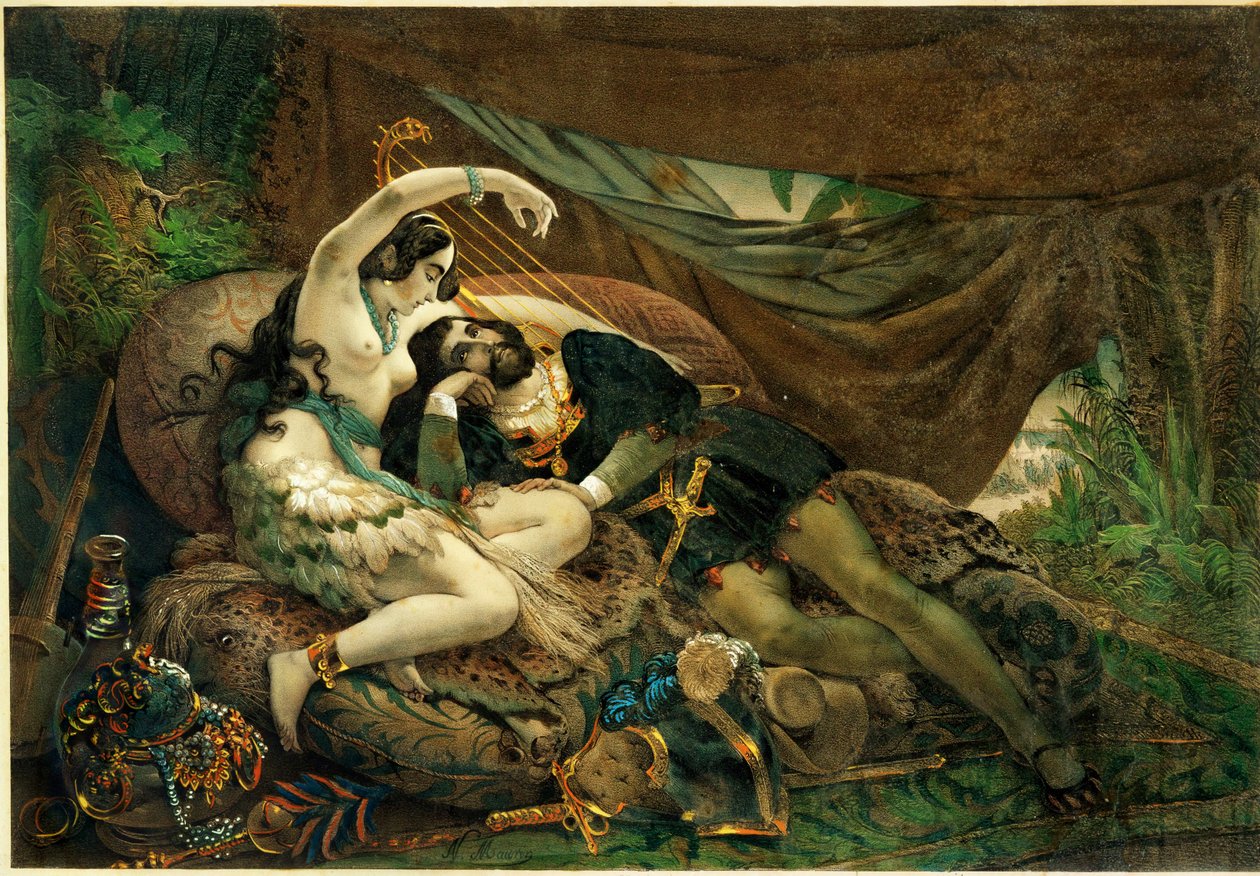 Mexičanka Alaida, sestra aztéckého náčelníka Zingariho, s Cortésem v jeho stanu... od Nicholas Eustache (after) Maurin