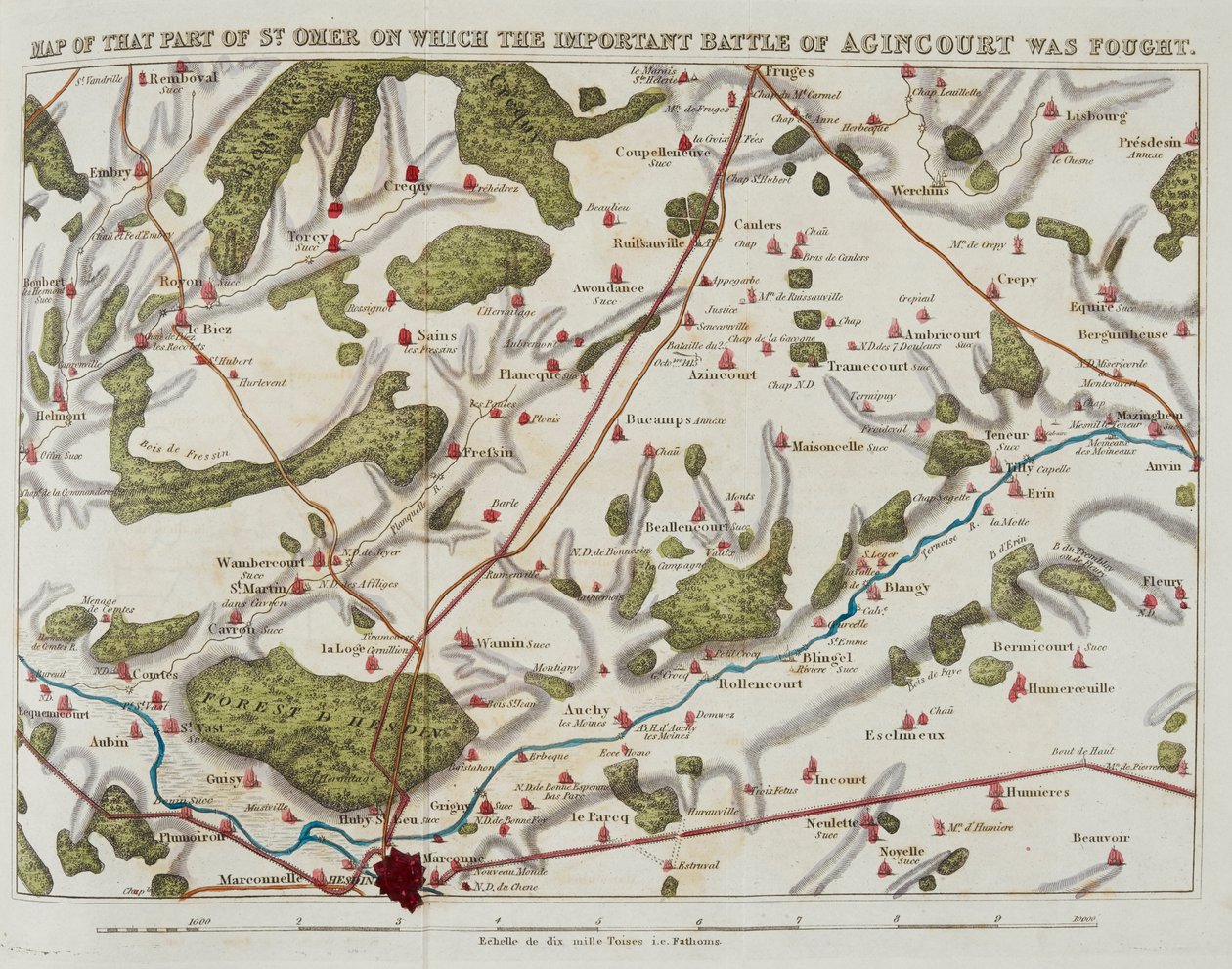 Mapa té části St. Omer, na které se odehrála důležitá bitva u Agincourtu, ilustrace z „Historie Agincourtu; a o výpravě Jindřicha Pátého do Francie...“ od Nicholas Harris Nicolas