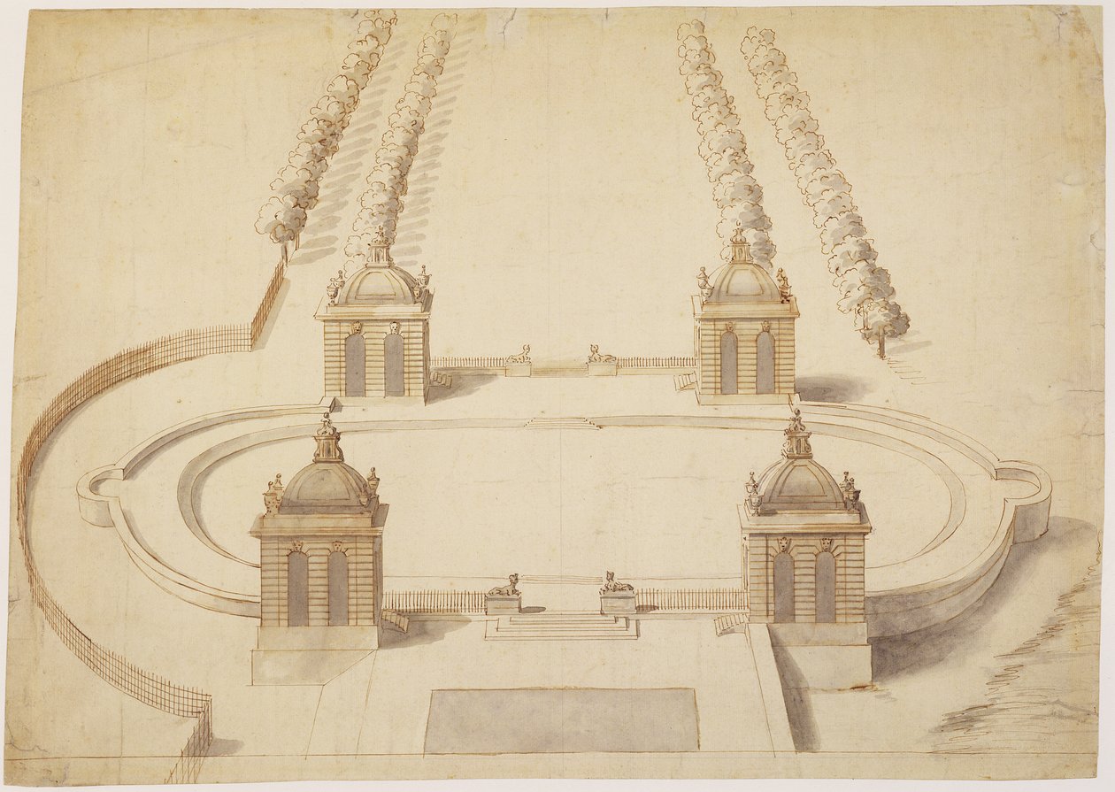 Design pro Bowling Green, Hampton Court, c.1689-91 (pero a hnědý inkoust, mytí a grafit na papíře) od Nicholas Hawksmoor