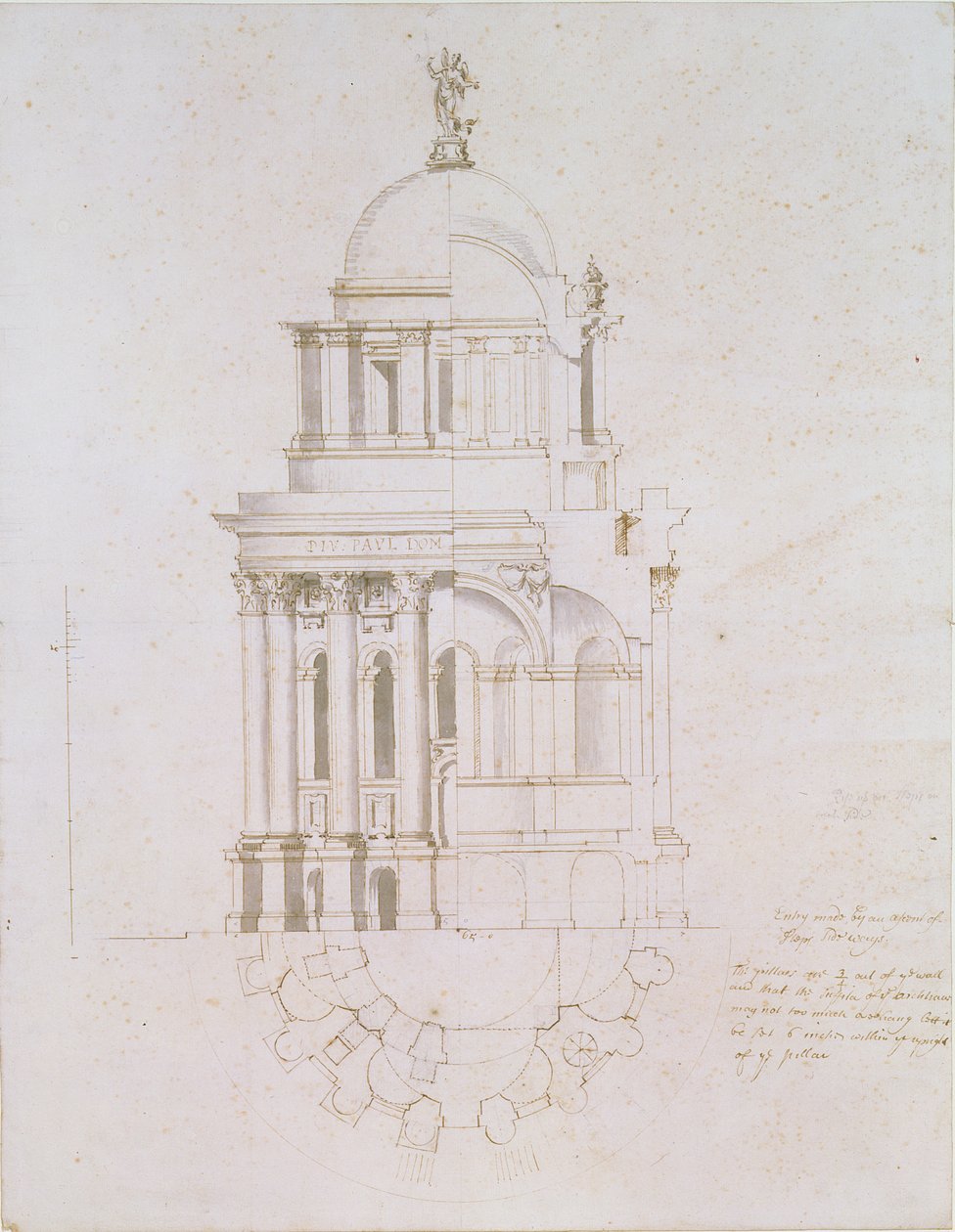 Pohled, příčný řez a půdorys nerealizované křtitelnice pro katedrálu sv. Pavla, kolem 1711-12 (pero a inkoust na papíře) od Nicholas Hawksmoor