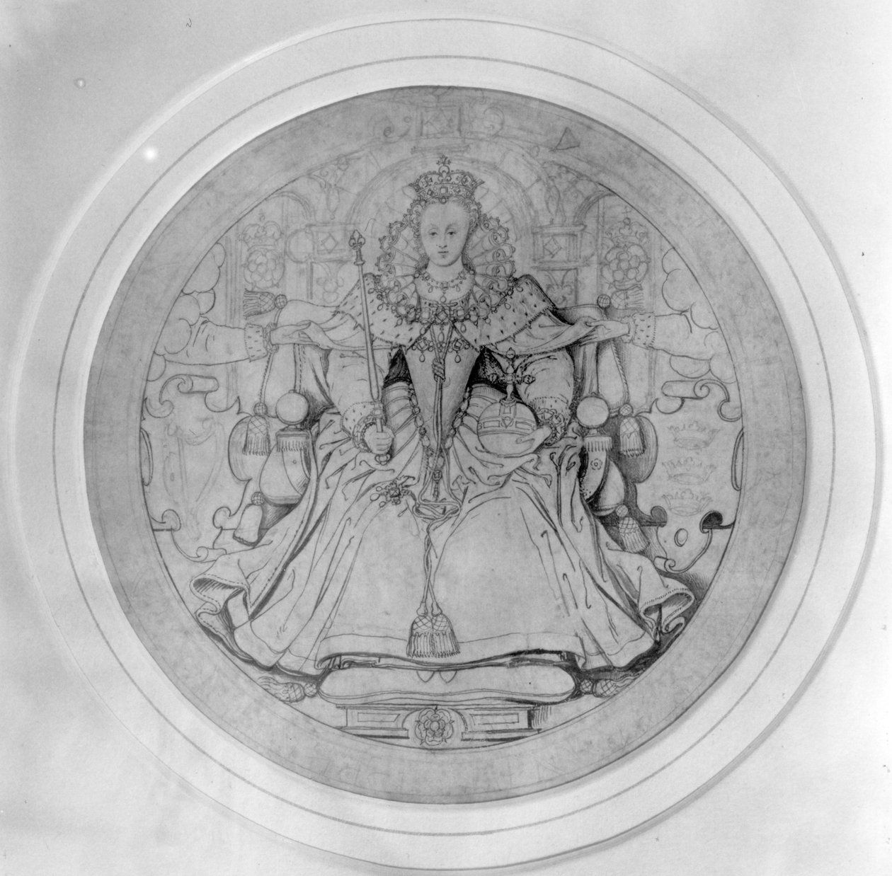 Návrh averzu Velké pečeti Irska královny Alžběty I., kolem roku 1584 (pero, inkoust a grafit na pergamenu) od Nicholas Hilliard