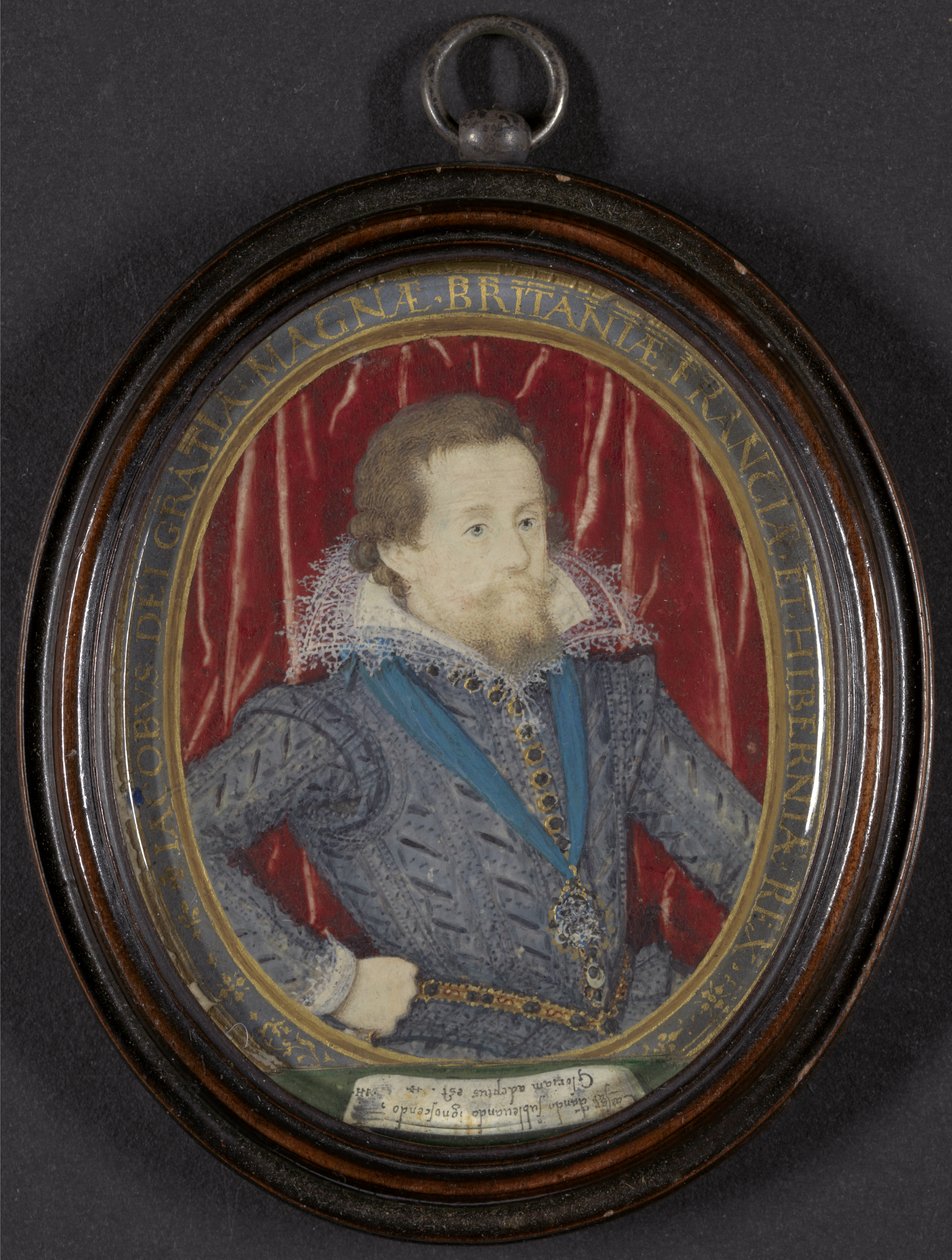 Jakub I. z Anglie a VI. ze Skotska, kolem roku 1610 (s kvašem a zlatem, perem a černým inkoustem na pergamenu) od Nicholas Hilliard